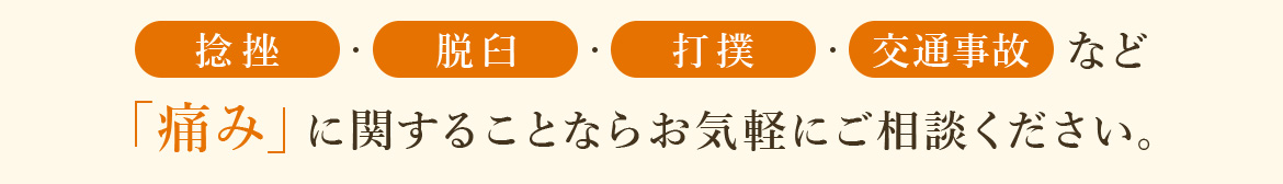 捻挫・脱臼・打撲・交通事故など「痛み」に関することならお気軽にご相談ください。