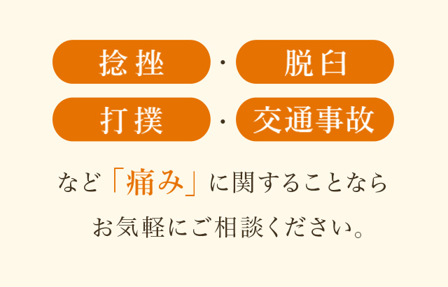 捻挫・脱臼・打撲・交通事故など「痛み」に関することならお気軽にご相談ください。